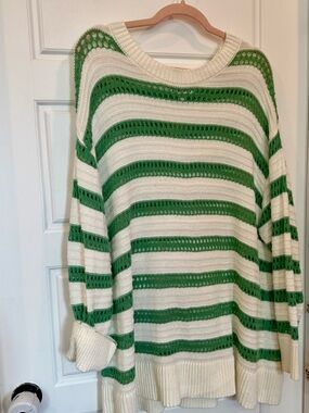 Ava & Viv Cream and Green Open-Knit Striped Sweater